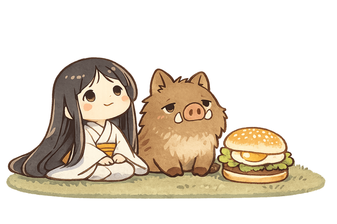 かぐや姫と猪がお月見をしている。傍らに月見バーガー